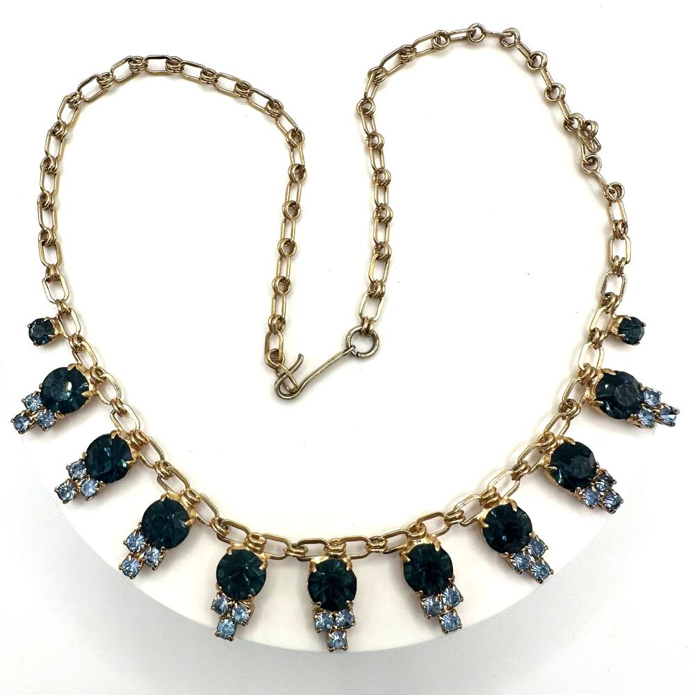 Coro vintage gold tone Montana & light blue rhinestones fringe necklace